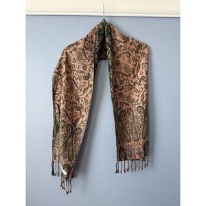 100% Cashmere Scarf Fringe Edging Green Pink One Size Reversible Paisley Pattern